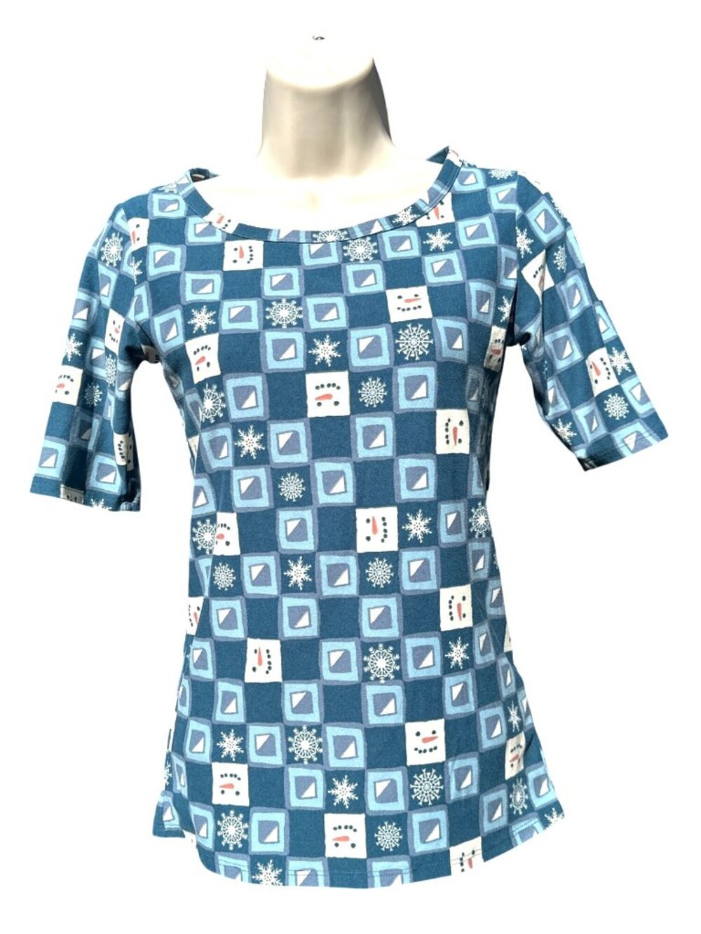 LuLaRoe XXS Blue Julia Sheath Dress Snowman Snowflake Holiday Winter Stretch